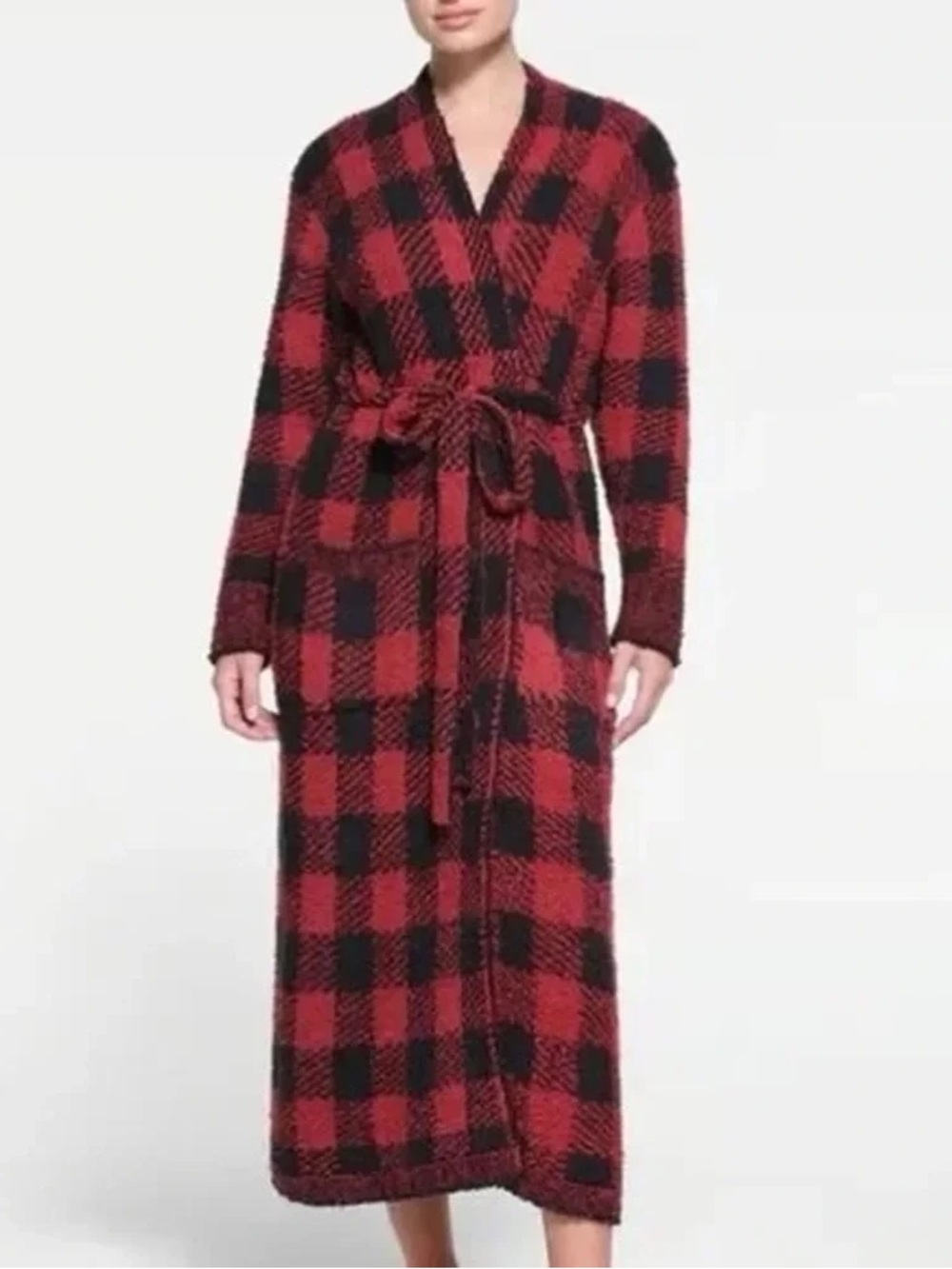 SKIMS Cozy Red & Black Plaid Long Robe (S/M)